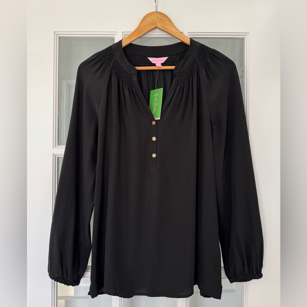 Lilly Pulitzer Elsa Silk Top Solid Black Gold Buttons Size Small S NEW WITH TAGS